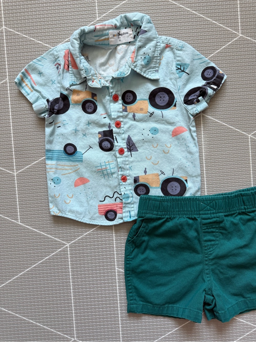 Mud Kingdom|Baby boy/toddler summer set,Aqua Button down car print & teal short•